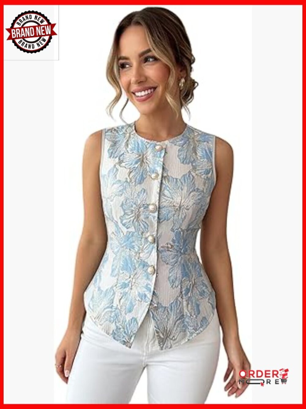 Vintage Floral Button Up Vest Top Sleeveless Tie Back Crew Neck Summer Dressy